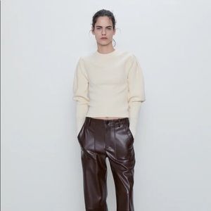 Zara Beige Balloon Sleeve Knit Crop Sweater